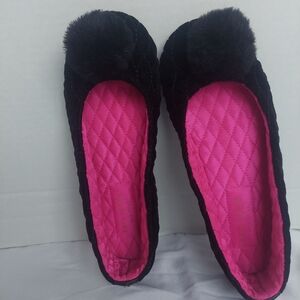 KATE SPADE WOMEN'S FLUFFED TOP UP BALLET QUILTED POM POM SLIPPERS BLACK SIZE 7B
